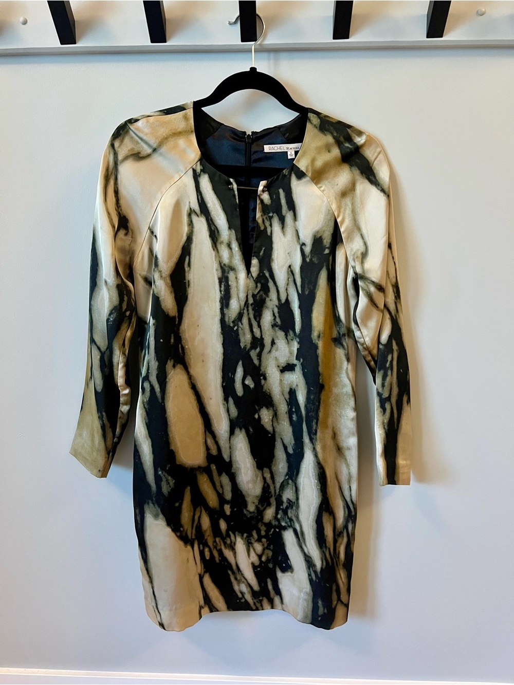 RACHEL Rachel Roy Black and Cream Marble-Print Long Sleeve Dress